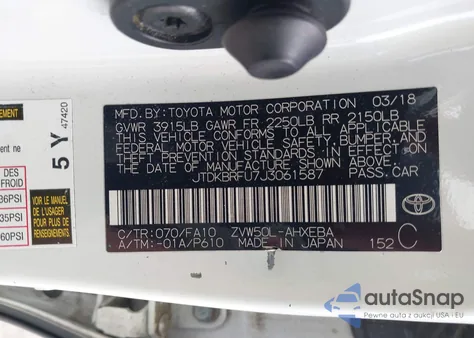 2018 Toyota Prius Four/Four Touring/One/Three/Three Touring/Two/Two Eco from USA, damaged, VIN JTDKBRFU7J3061587